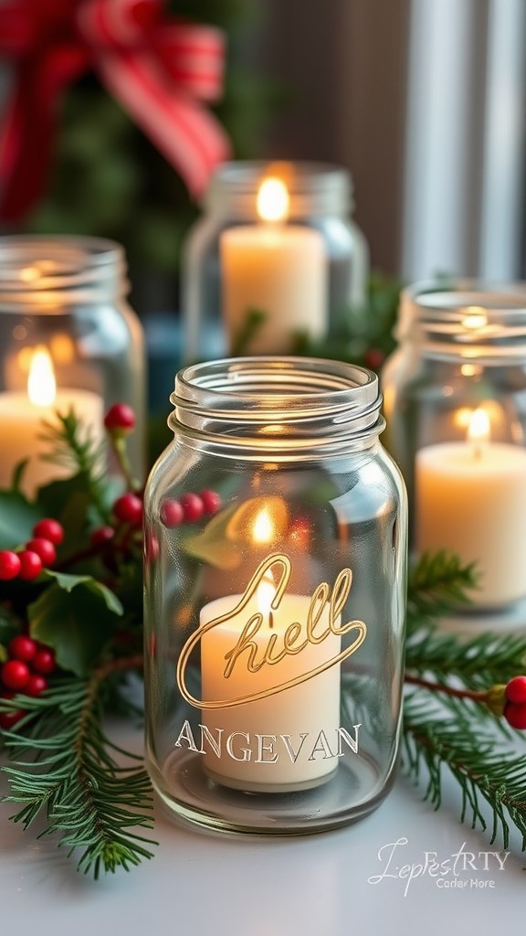 A set of elegant glass jars used as candle holders, surrounded by greenery and festive decorations.