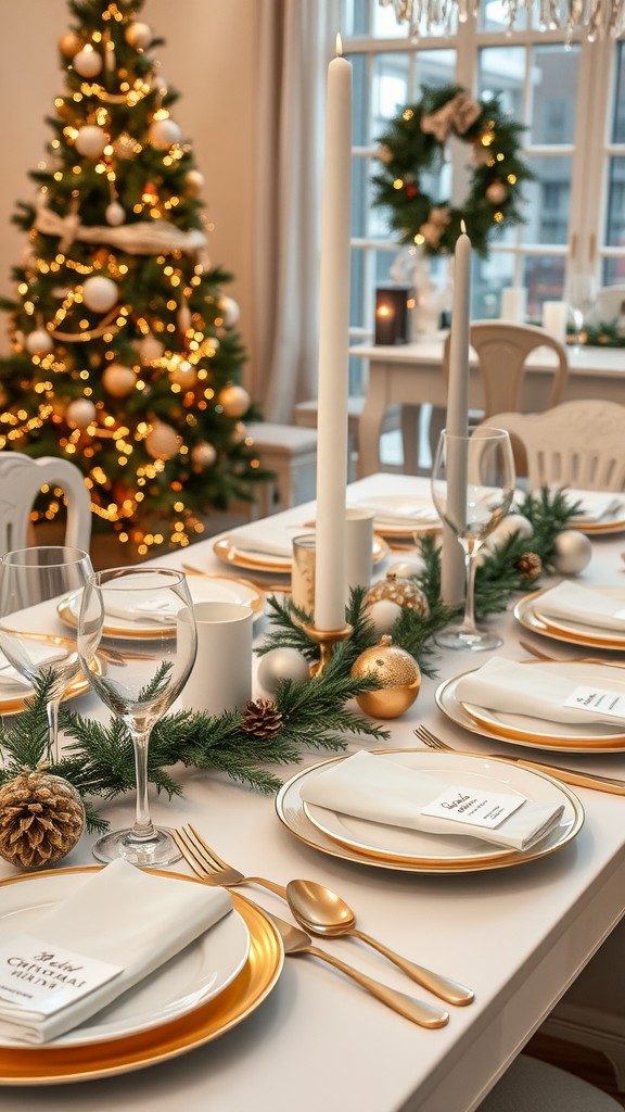 Elegant dining table set with gold and white colors, decorated for Christmas