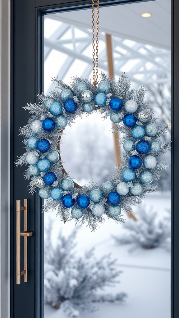 A silver and blue ornament wreath hanging on a door in a snowy setting.