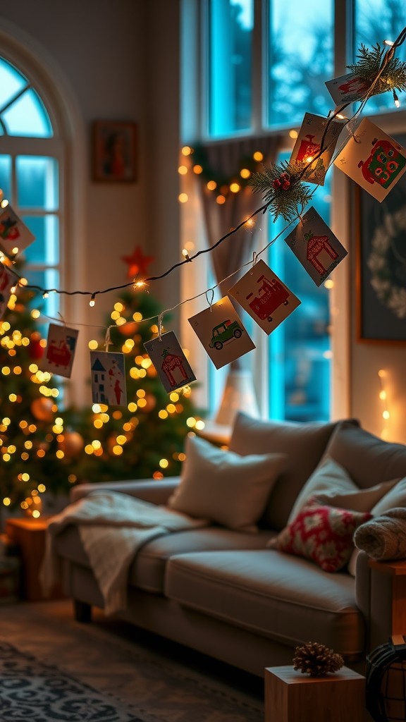 Cozy living room featuring a string display of cards with clothespins, illuminated by fairy lights, with a Christmas tree in the background.