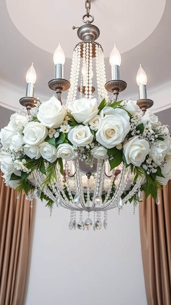 A chandelier adorned with white roses and silver accents, featuring candle-style bulbs and decorative beads.