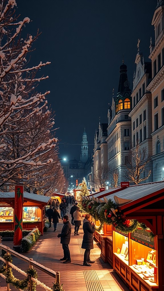 A snowy Christmas market in Vienna with festive stalls and people enjoying the atmosphere at night.