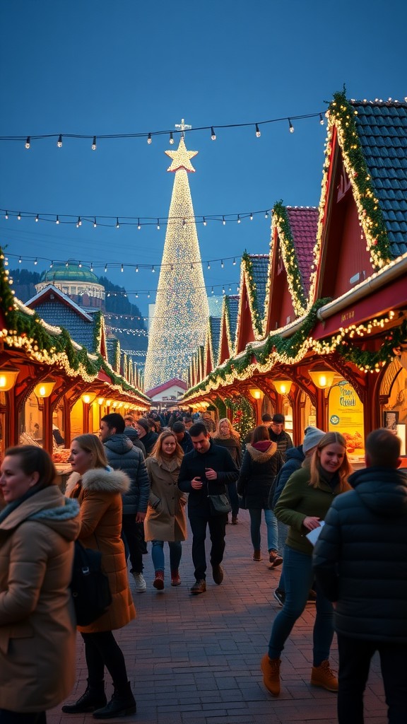 A festive Christmas market scene in Germany with a large tree and people enjoying the atmosphere.