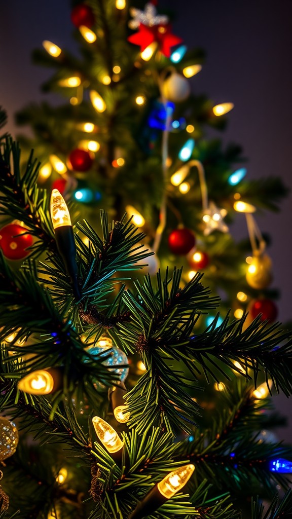 A close-up view of a Christmas tree with colorful lights and ornaments.