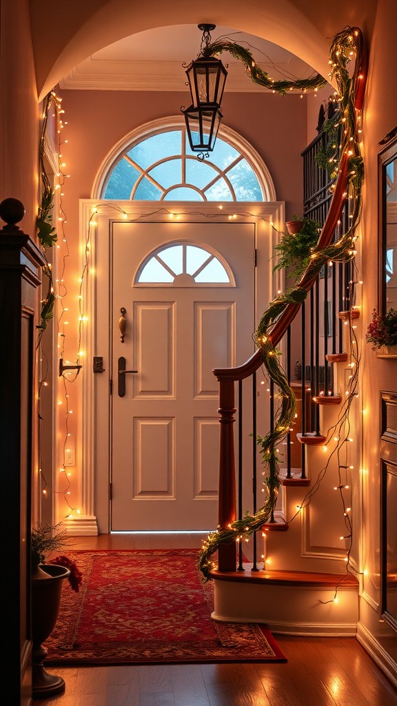 A warmly decorated entryway featuring twinkling lights, a classic door, and a beautiful staircase.