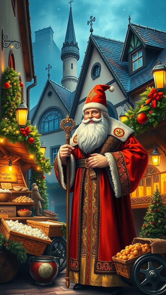 Traditional European Saint Nick in a festive village setting