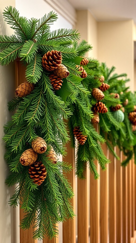 A decorative arrangement of evergreen greens and pinecones on a railing.