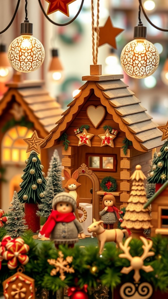 A cozy wooden Christmas scene with figures, decorated with lights and festive ornaments