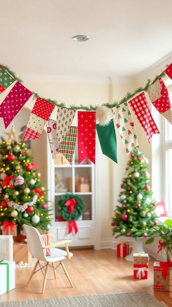 Colorful festive bunting made from fabric scraps, hanging in a decorated room with Christmas trees.