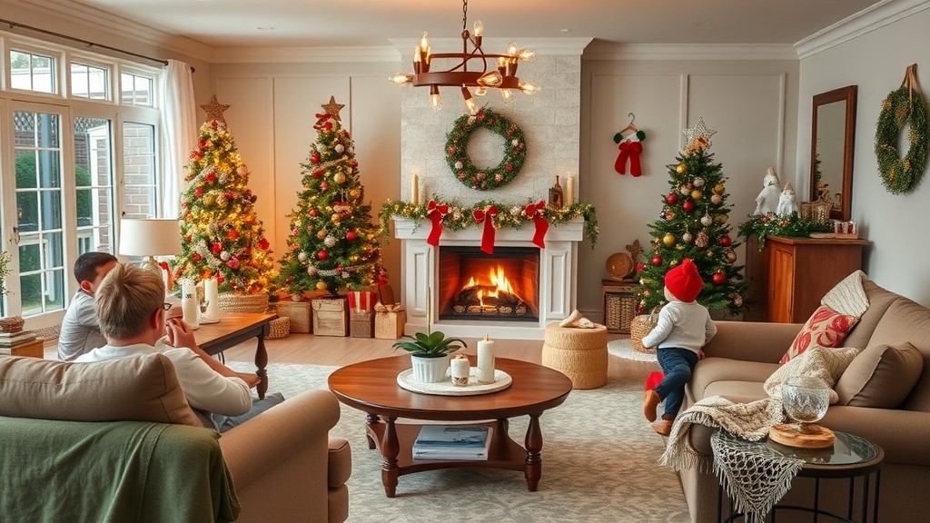 A cozy living room decorated for the holidays with Christmas trees, a fireplace, and family members enjoying time together.