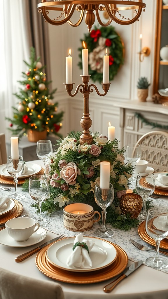 A beautifully arranged family heirloom centerpiece on a dining table with candles, flowers, and elegant tableware.