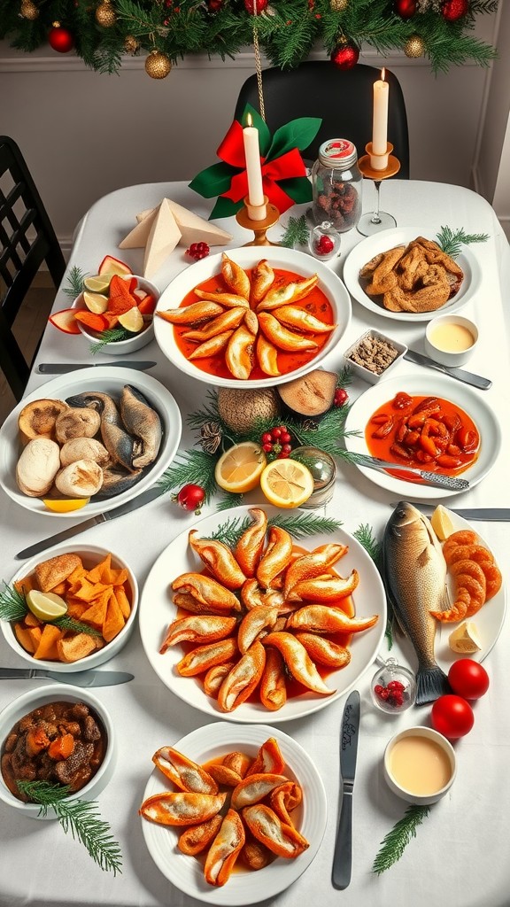 A beautifully arranged table featuring various seafood dishes for the Feast of the Seven Fishes, decorated with festive elements.