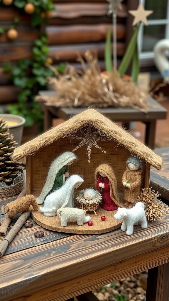 A felted wool nativity scene featuring figures of Mary, Joseph, and baby Jesus, surrounded by sheep and a cozy setting.