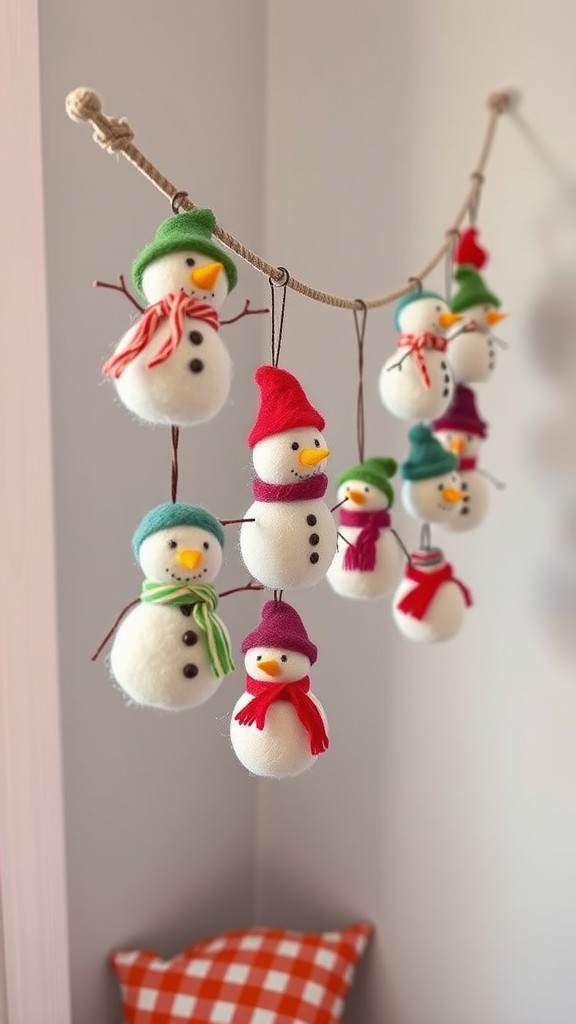 A garland of felted wool snowmen hanging on a string, each with colorful hats and scarves, against a softly lit background.