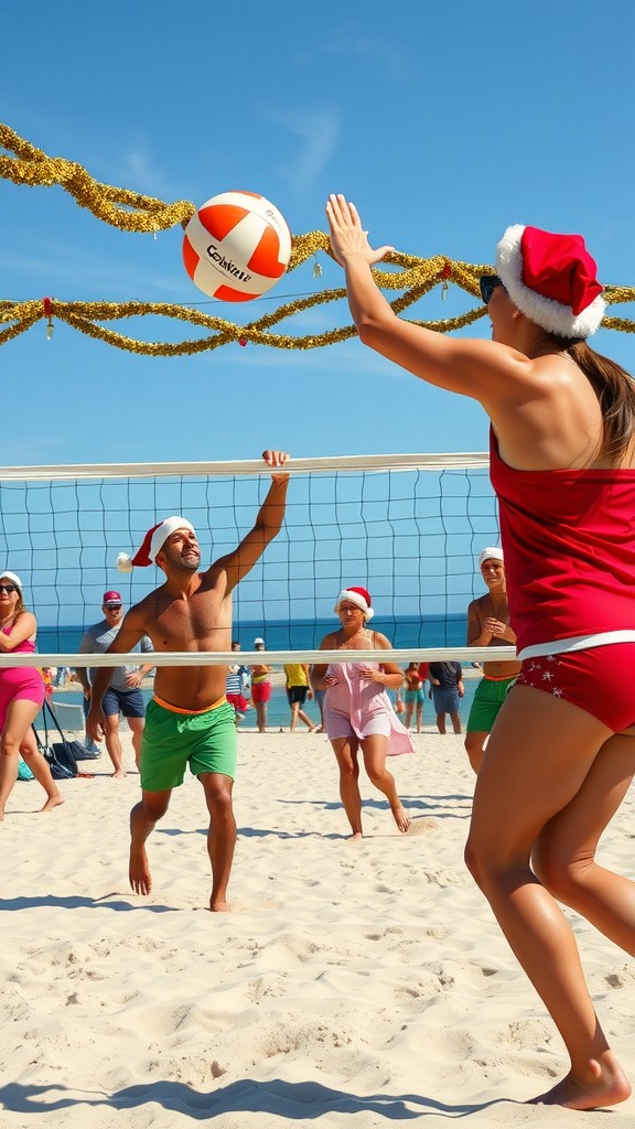 A group of people playing beach volleyball in Santa hats, enjoying the festive atmosphere.