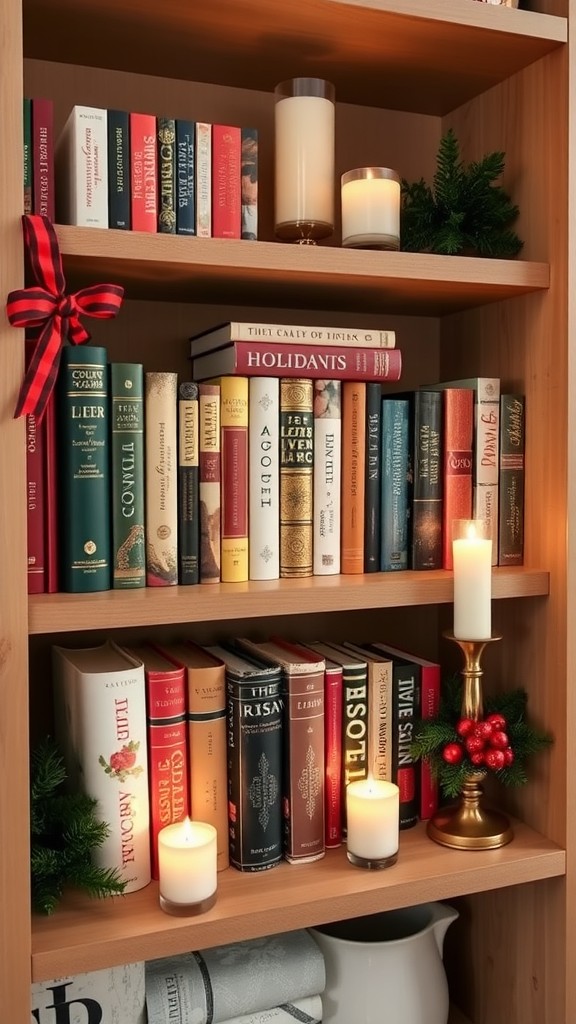 A festive book nook with a wooden shelf filled with colorful books, pine decorations, and candles, creating a cozy holiday atmosphere.