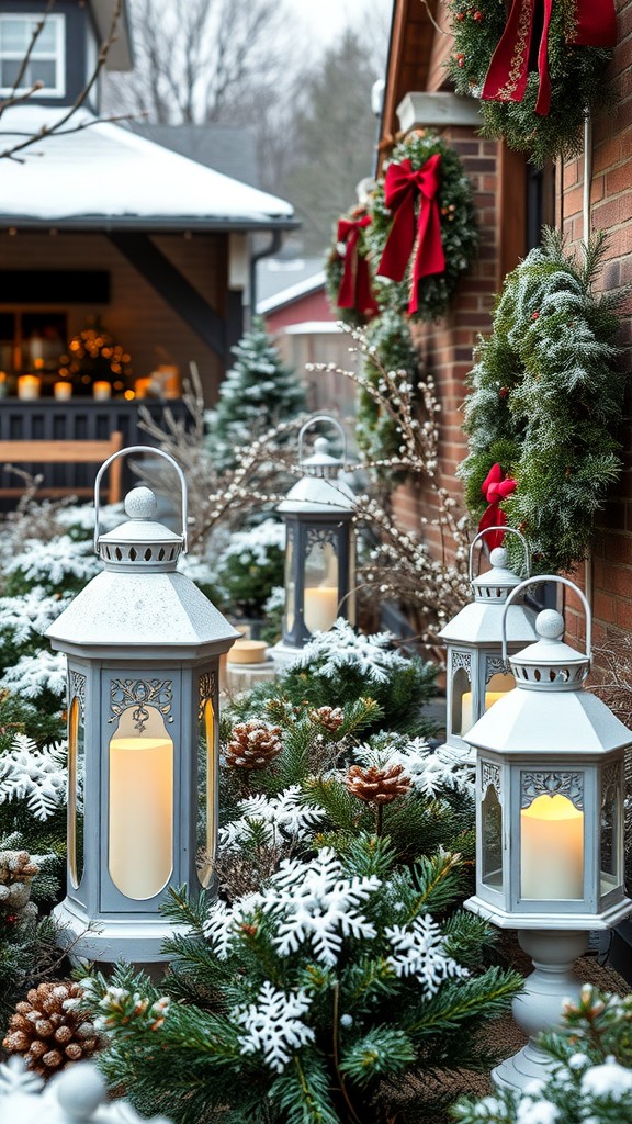 Festive winter decorations with lanterns, wreaths, and snow.