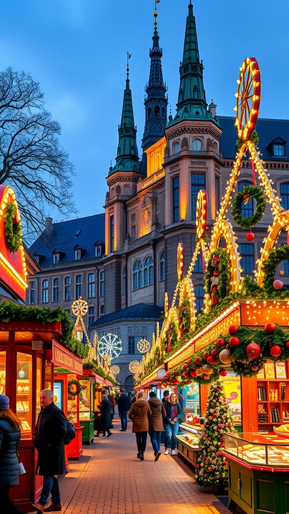 Copenhagen Christmas Market with illuminated stalls and historic buildings in the background