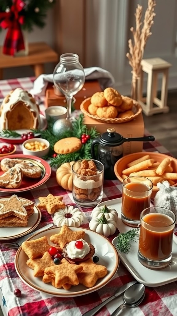 A festive table filled with seasonal treats including star-shaped cookies, pastries, and warm drinks.