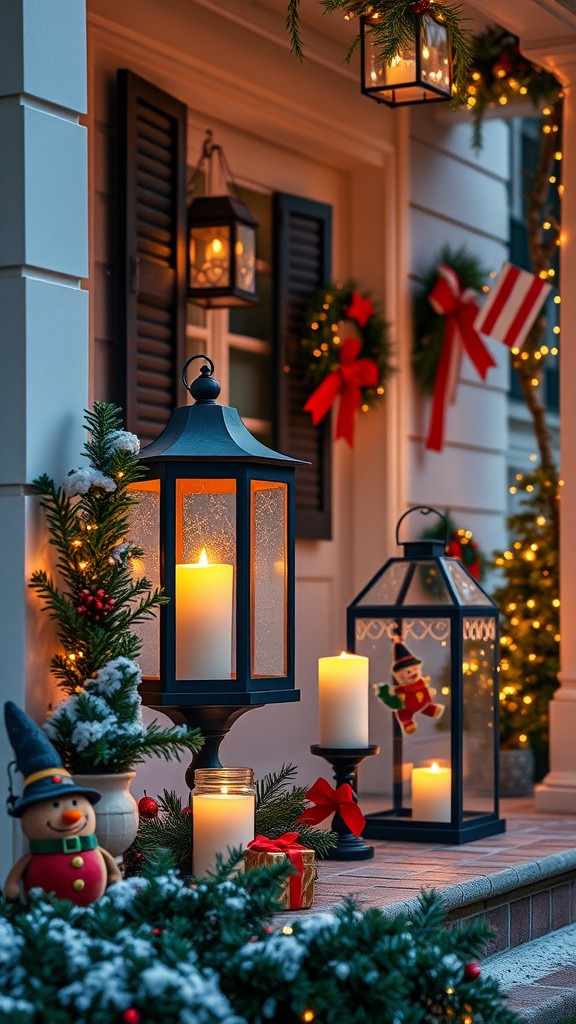 A festive porch decorated with lanterns and candles, featuring a snowman and holiday wreaths.