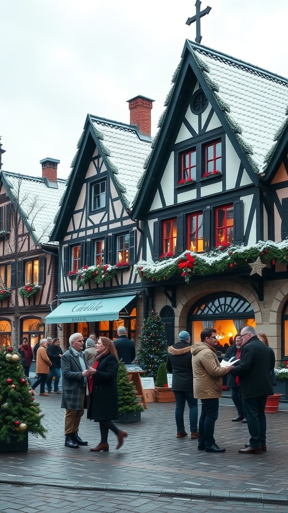 People caroling in a festive German town square decorated for Christmas.