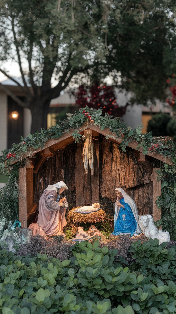 A festive nativity scene featuring Mary, Joseph, and the newborn Jesus in a beautifully decorated manger.