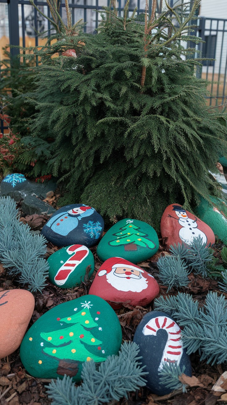 Colorful painted rocks with holiday designs in a garden setting