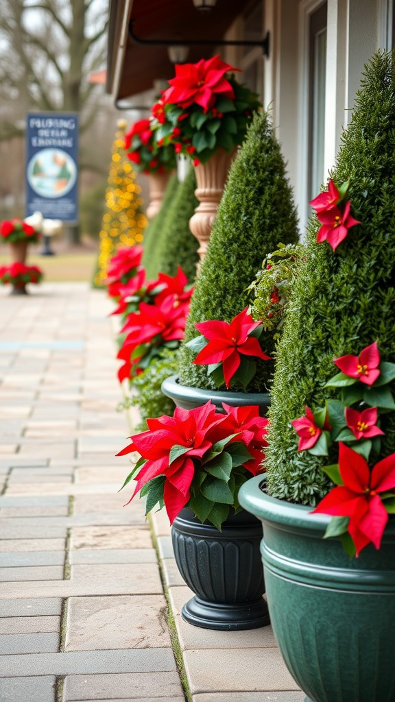 Festive outdoor planters with red poinsettias and green shrubbery along a pathway.