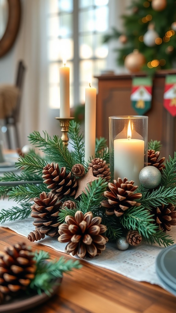 Festive table centerpiece featuring pinecones, candles, and greenery