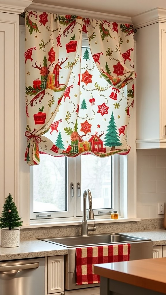 Colorful holiday-themed curtains in a kitchen window, with a festive tree and checkered towel.