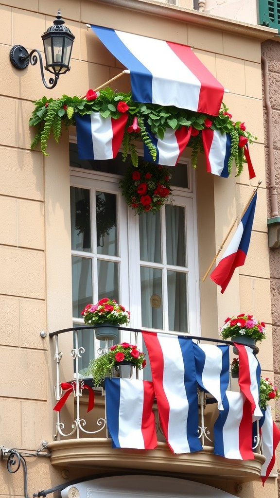 A balcony decorated with French flags and flowers for Bastille Day