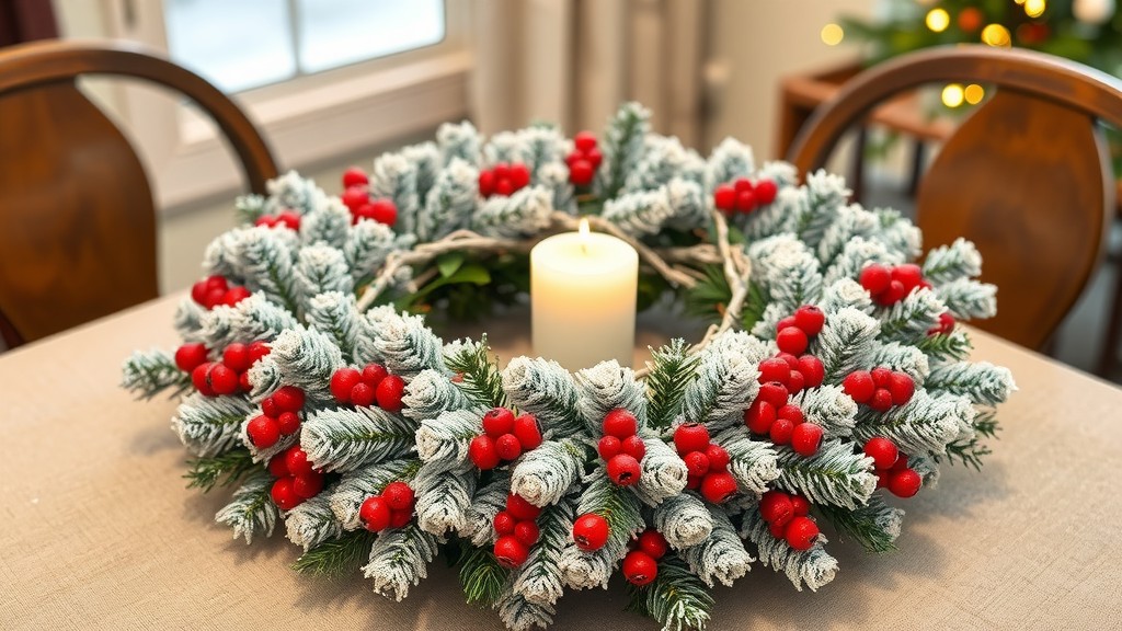 A frosted pine and berry wreath with a candle in the center, displayed on a table.