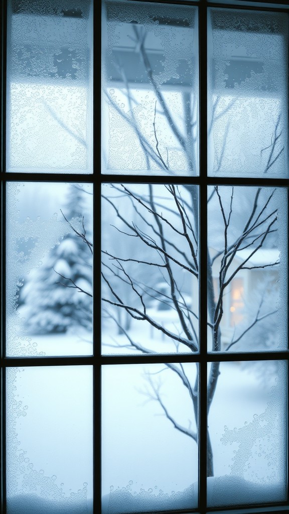 Frosted windowpanes showing a snowy landscape with bare branches outside.