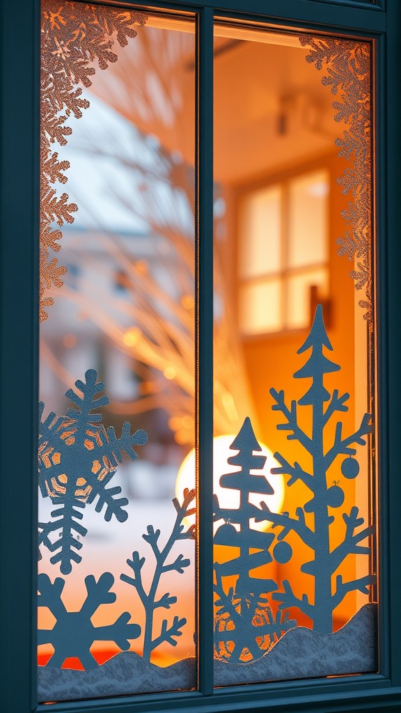 A window decorated with cardboard silhouettes of snowflakes and trees, glowing warmly from the inside.