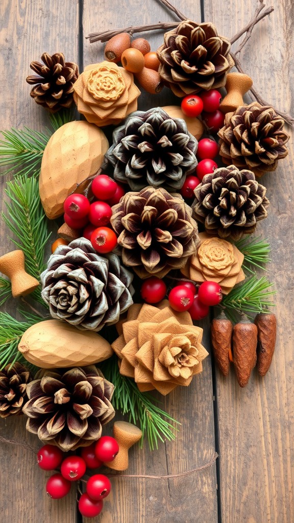 A collection of natural materials including pine cones, berries, and wooden pieces arranged on a wooden surface.