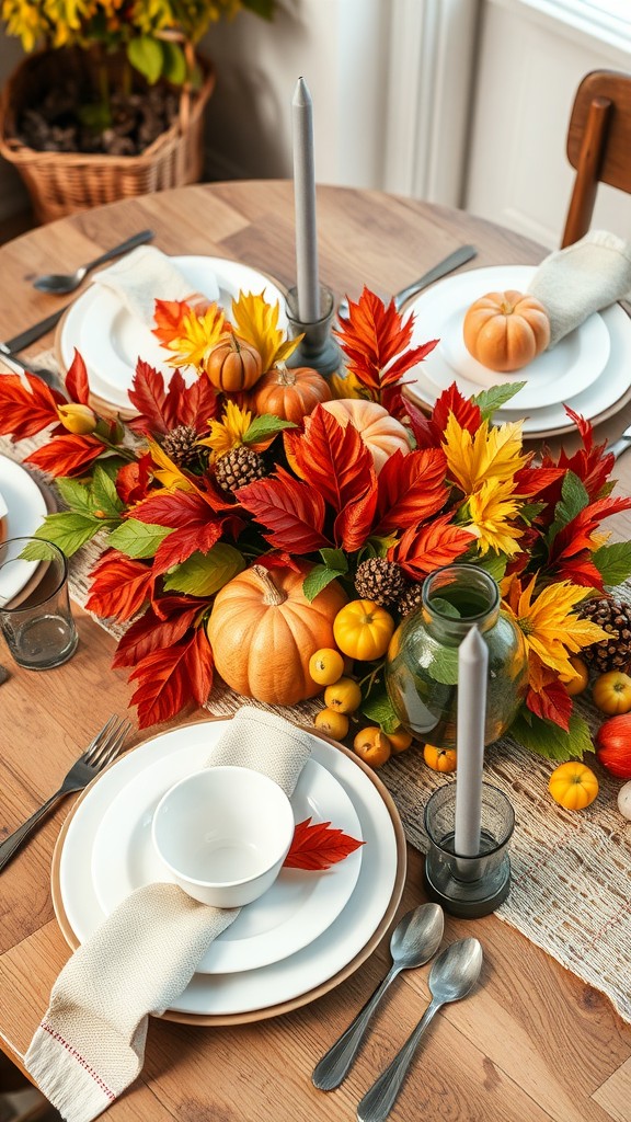 A beautifully arranged fall table setting with seasonal leaves, pumpkins, and candles.