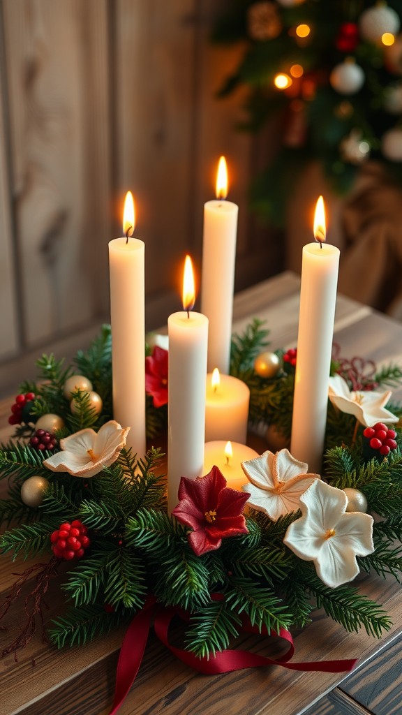 A beautifully arranged German Advent wreath with five candles, decorated with flowers and red ribbon.