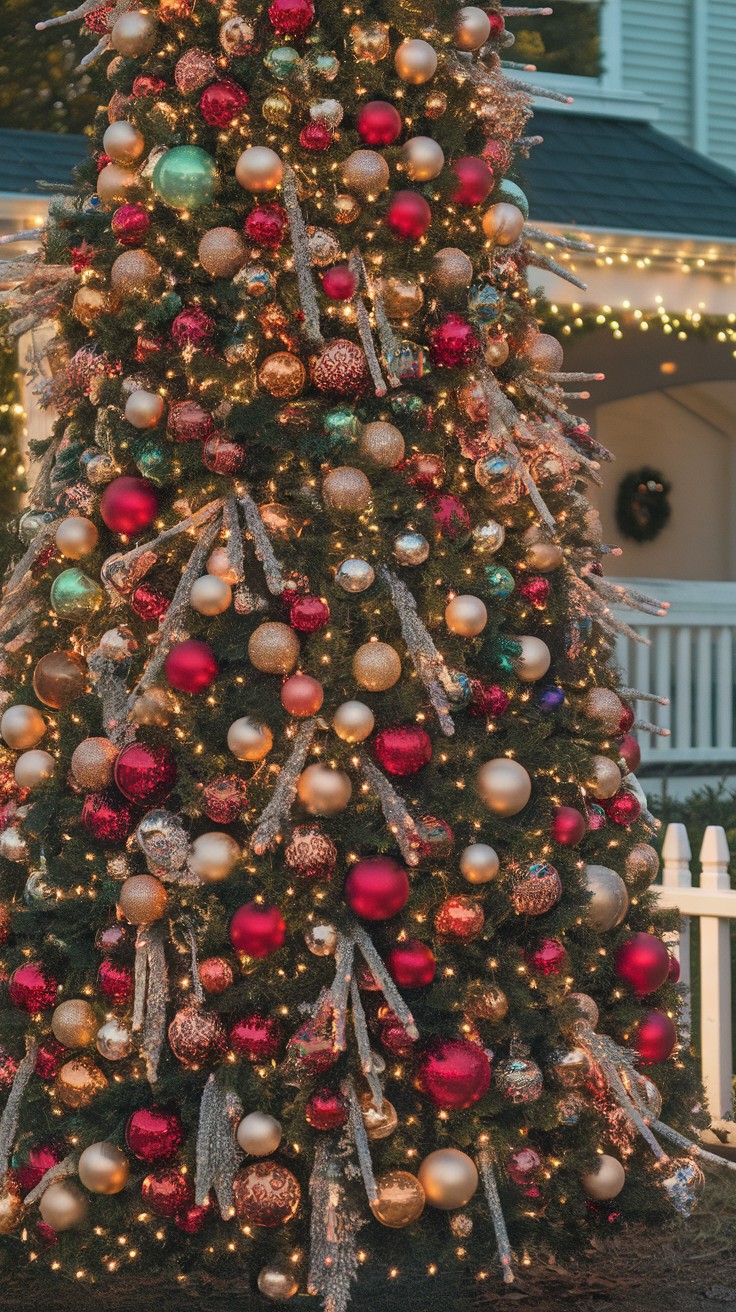 A beautifully decorated giant Christmas tree in a front yard, featuring red, gold, and turquoise ornaments with twinkling lights.