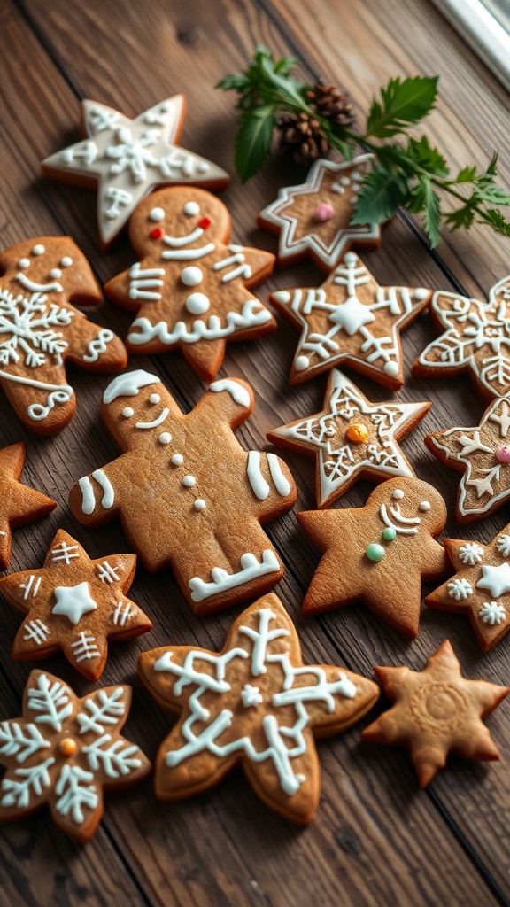 Decorative gingerbread cookies in various shapes on a wooden table