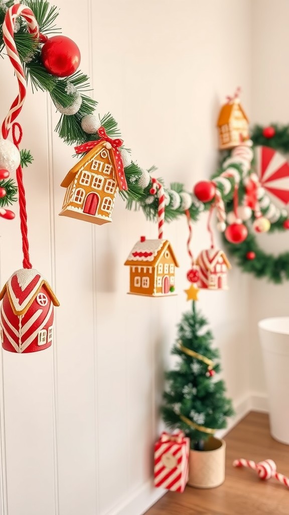 A festive garland featuring gingerbread house ornaments, red and white decorations, and a small Christmas tree.