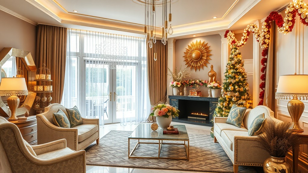 A stylish living room featuring elegant metallic decor, floral arrangements, and a festive tree.