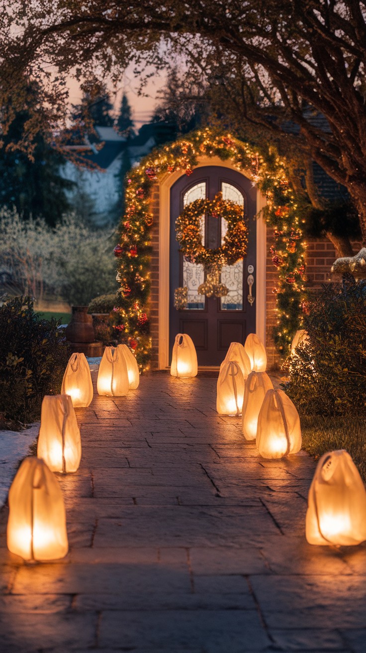 A beautifully lit pathway with glowing lanterns leading to a decorated front door.