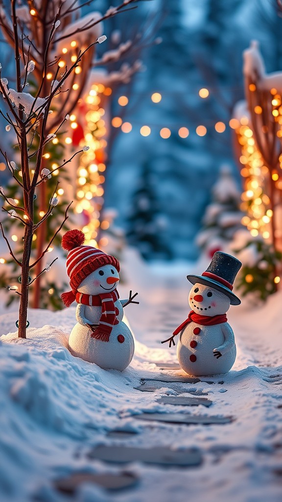 Two cheerful snowmen on a snowy walkway adorned with festive lights and gingerbread-shaped stones.