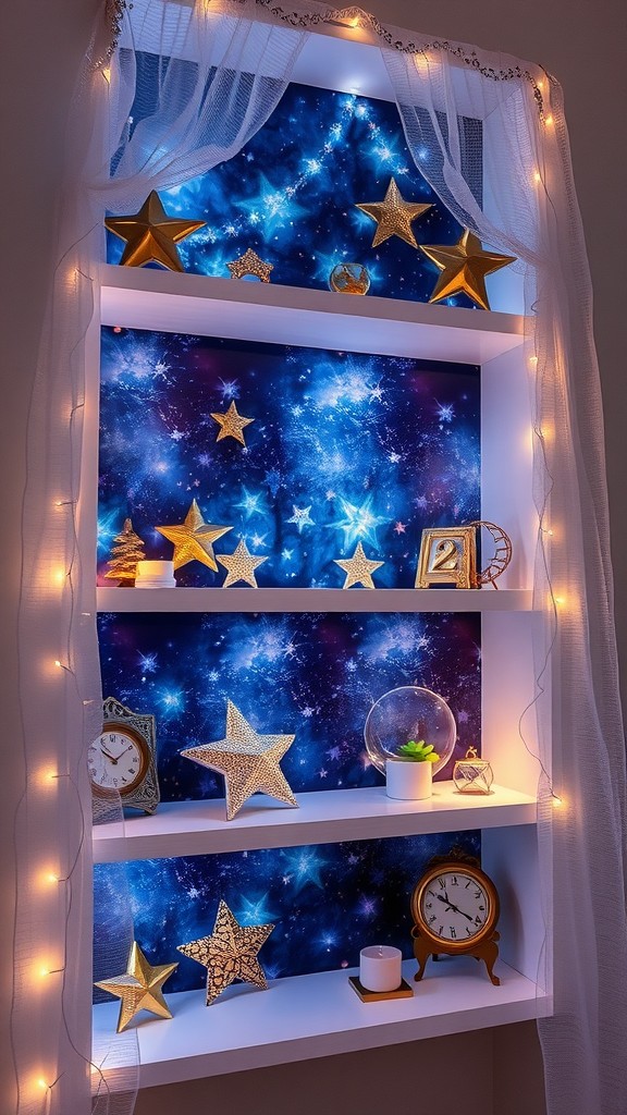 Display of decorative items with a starry night backdrop featuring gold stars and soft lighting.