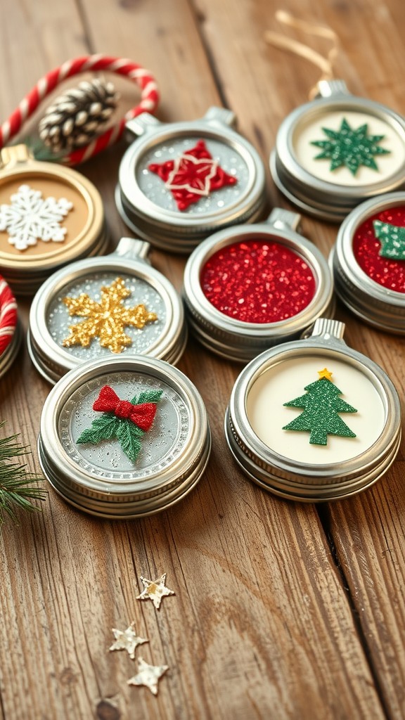 Colorful mason jar lid ornaments with festive designs on a wooden surface.