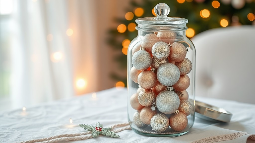 A glass jar filled with glittering ornaments in soft pastel colors, sitting on a table with holiday lights in the background.