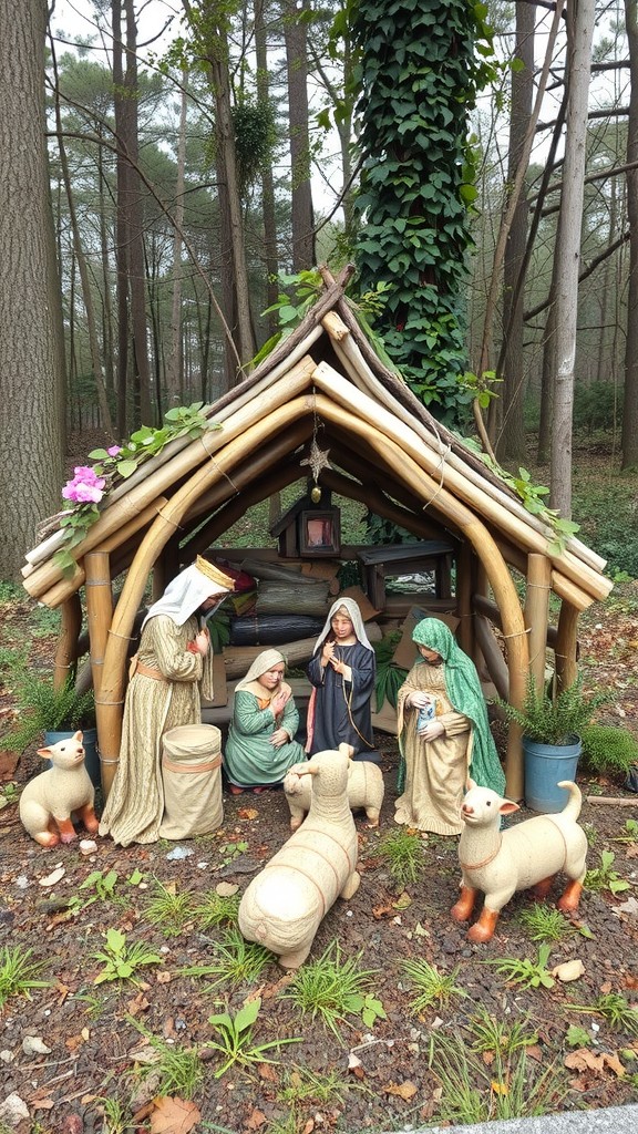 A handcrafted nativity scene made from recycled materials, featuring figures of Mary, Joseph, and sheep in a bamboo shelter surrounded by trees.