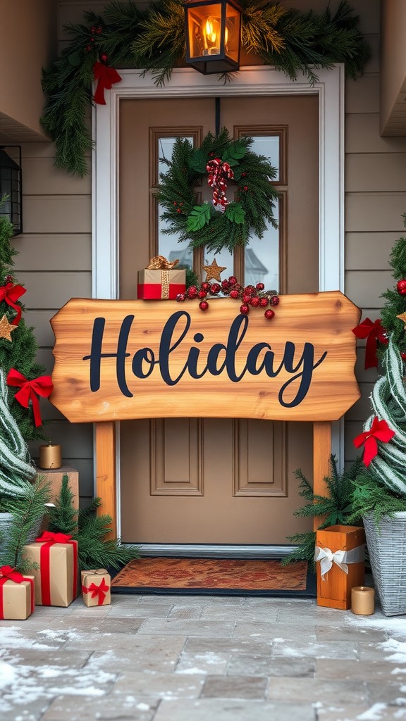 A festive holiday entrance with a wooden sign that says 'Holiday', decorated with a wreath and gift boxes.