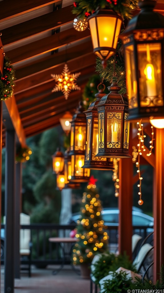 A beautifully decorated area with hanging lanterns and a Christmas tree