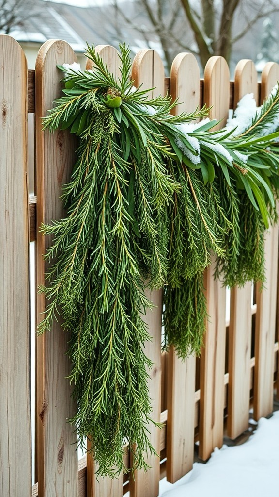 A lush herbal Christmas garland hanging on a wooden fence, with hints of snow.